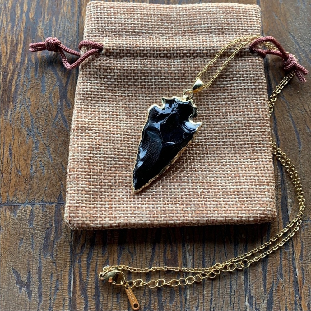 Brand New Black Obsidian Pendant with Gold plated Chain Black Obsidian Necklace
